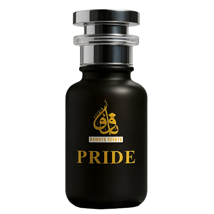 Black perfume bottle labeled 'Pride' with gold text on a gray background