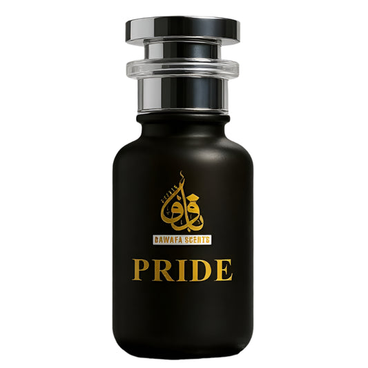 Black perfume bottle labeled 'Pride' with gold text on a gray background